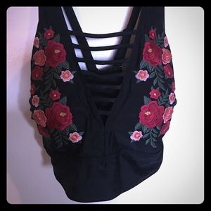 Floral embroidered cross back bikini top
